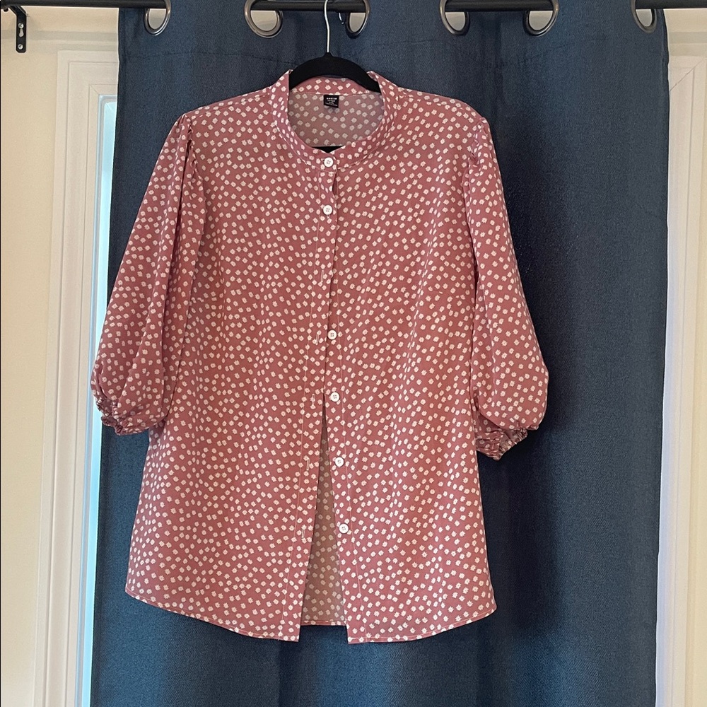 SHEIN Pink Button Down Shirt with White Dots
